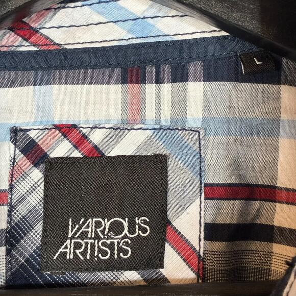 Pearl Snap Shirt Various Artists Blue Red White Plaid L Men Seam Long Sleeve - Picture 13 of 14